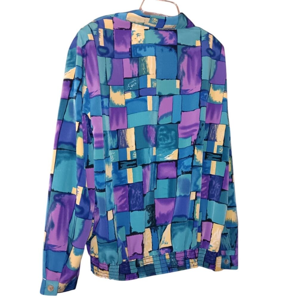 VINTAGE TEDDI 80s 90s Satin Blouse Top Shirt No Wrinkle XL Colorful Geometric - Picture 2 of 7